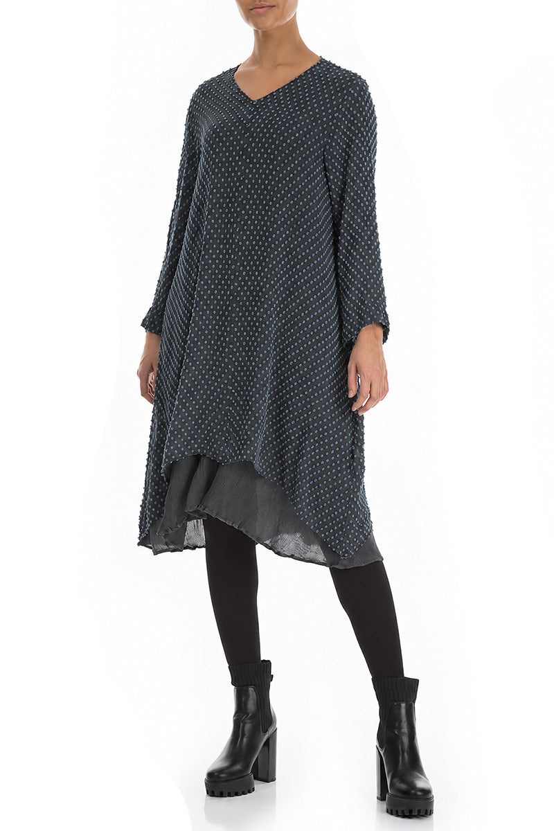V-Neck Brass Blue Dotty Silk Tunic Dress