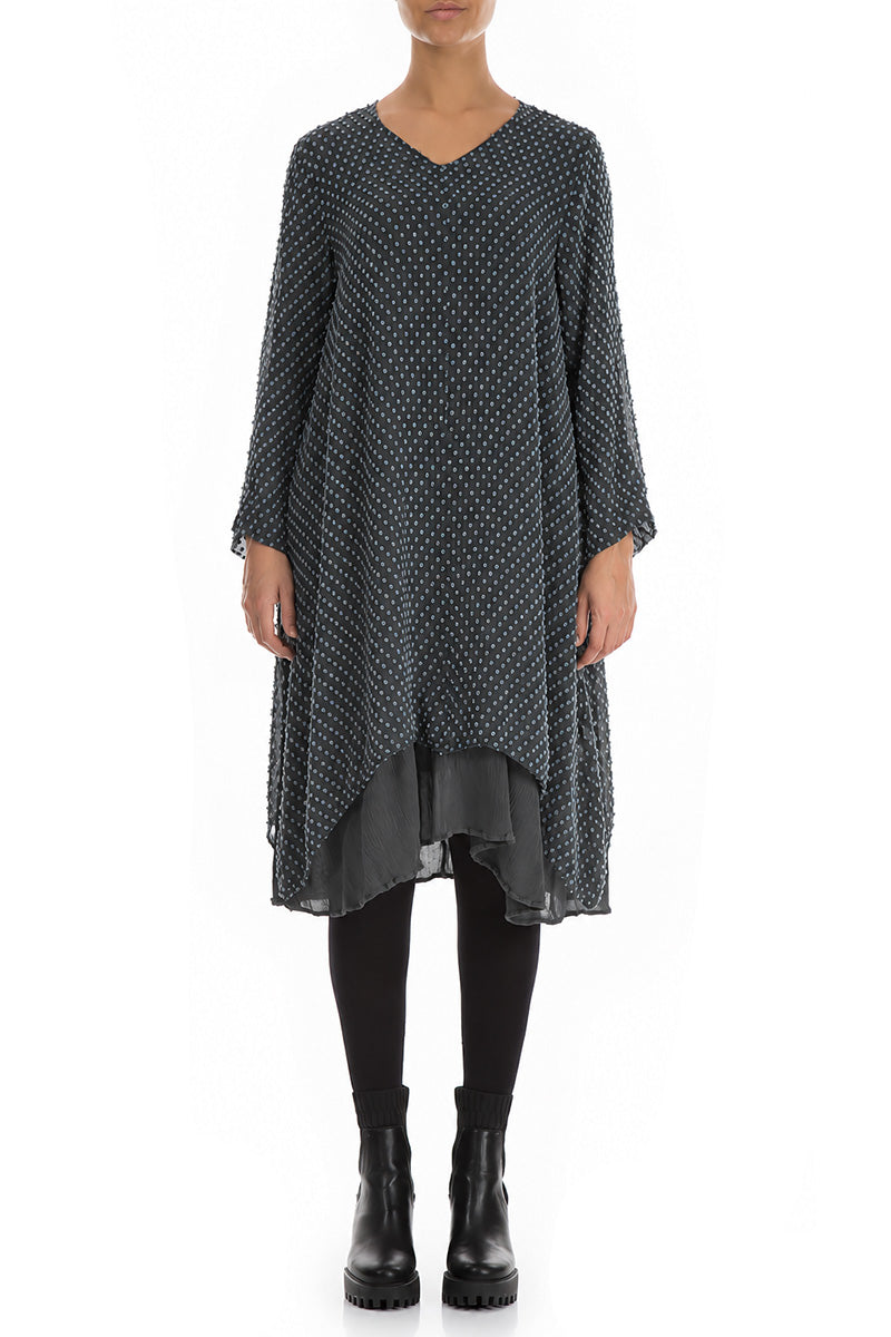 V-Neck Brass Blue Dotty Silk Tunic Dress