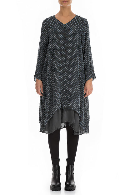 V-Neck Brass Blue Dotty Silk Tunic Dress