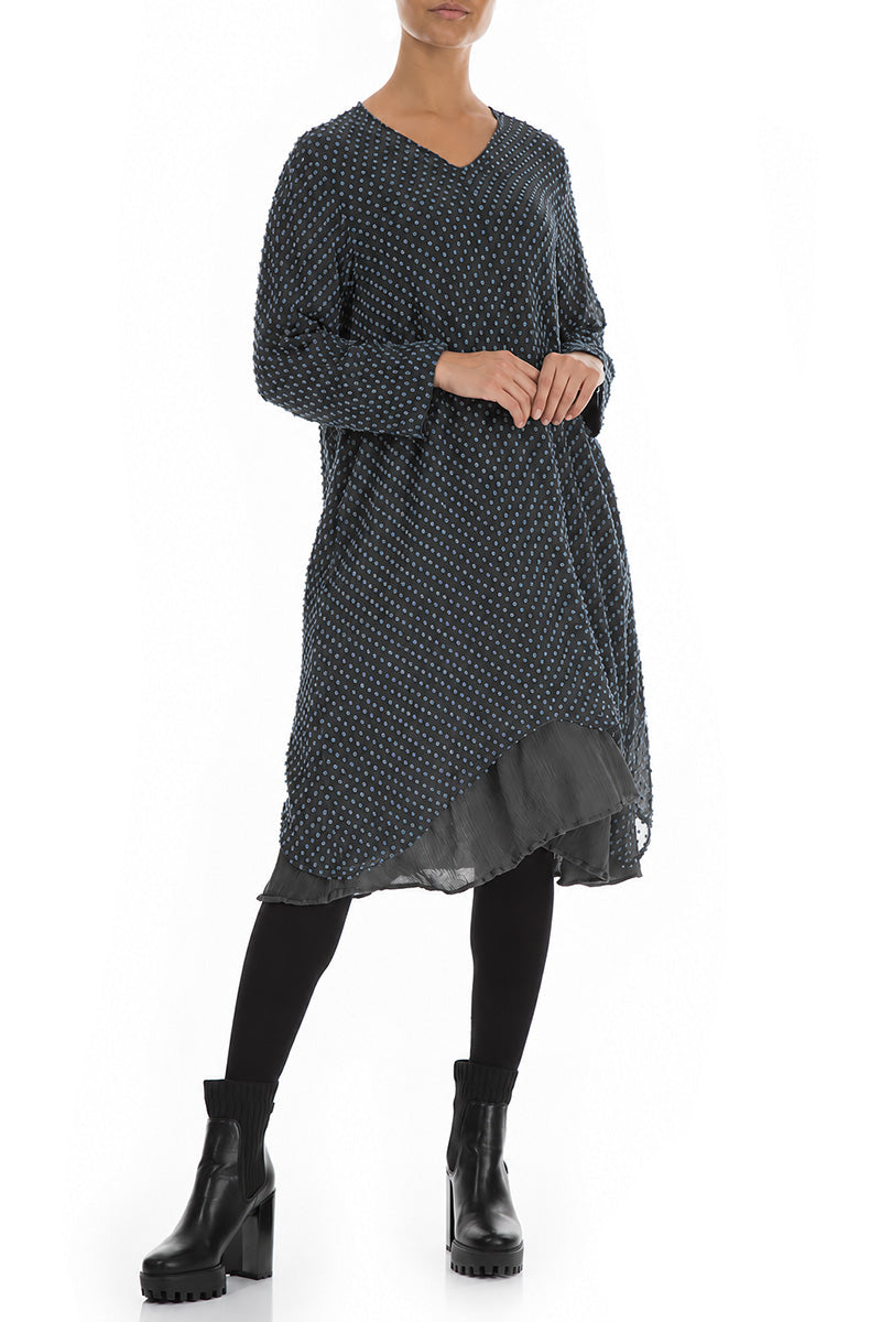 V-Neck Brass Blue Dotty Silk Tunic Dress