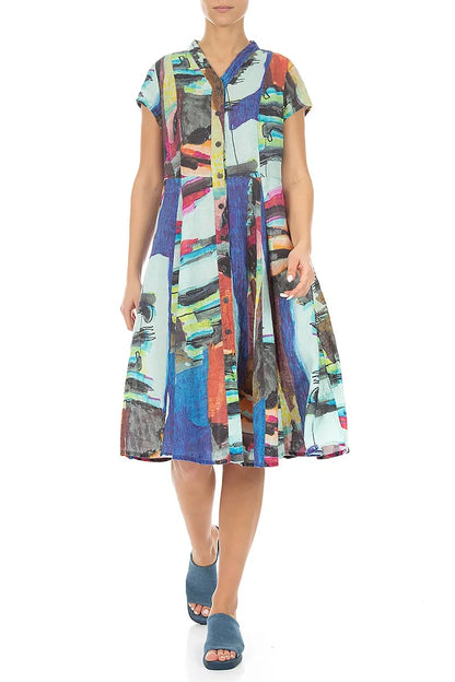 V-Neck Buttoned Abstract Linen Dress 4