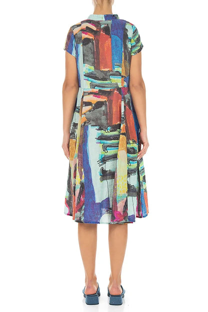 V-Neck Buttoned Abstract Linen Dress 2