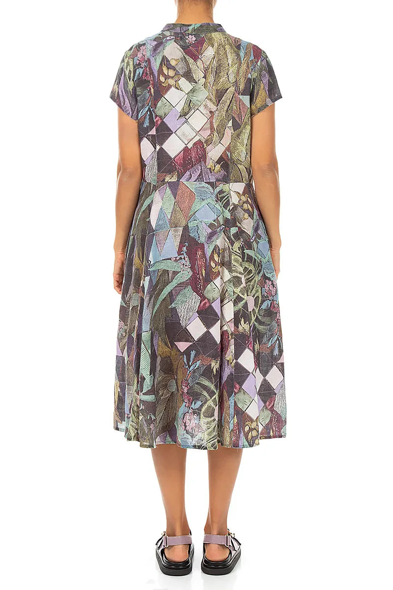 V-Neck Buttoned Art Mosaic Linen Dress 2