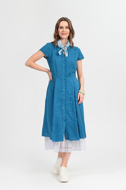 V-Neck Buttoned Cobalt Blue Linen Dress 1