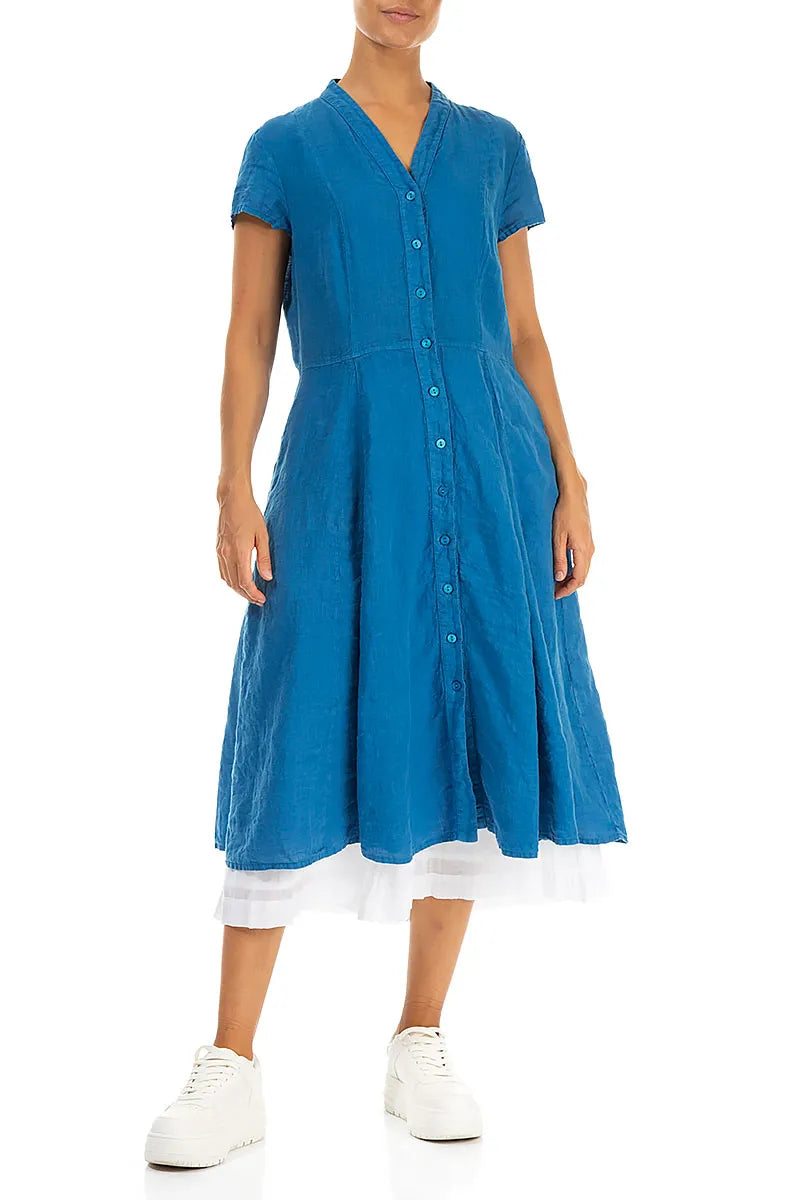 V-Neck Buttoned Cobalt Blue Linen Dress 6