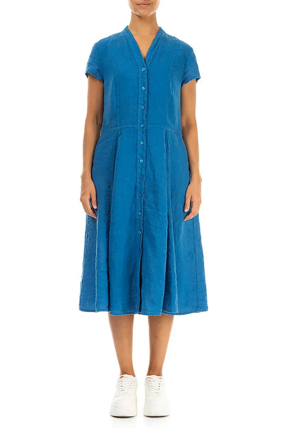 V-Neck Buttoned Cobalt Blue Linen Dress 2