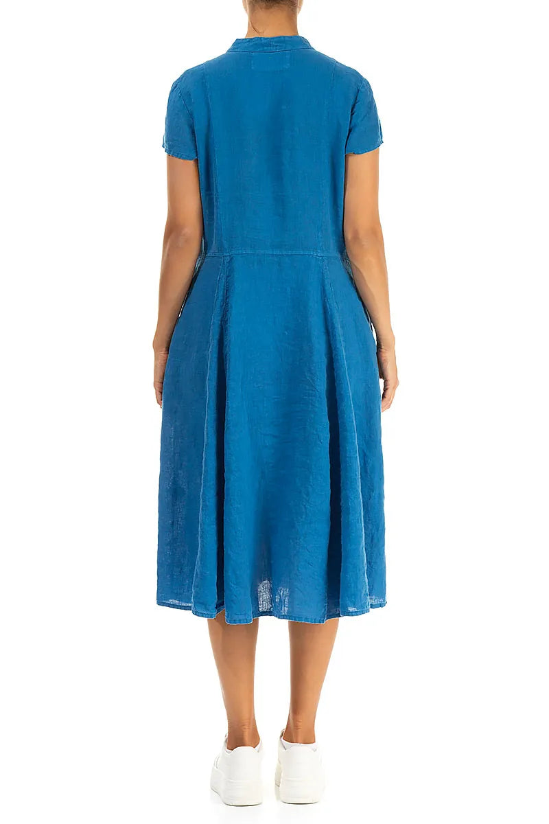 V-Neck Buttoned Cobalt Blue Linen Dress 3