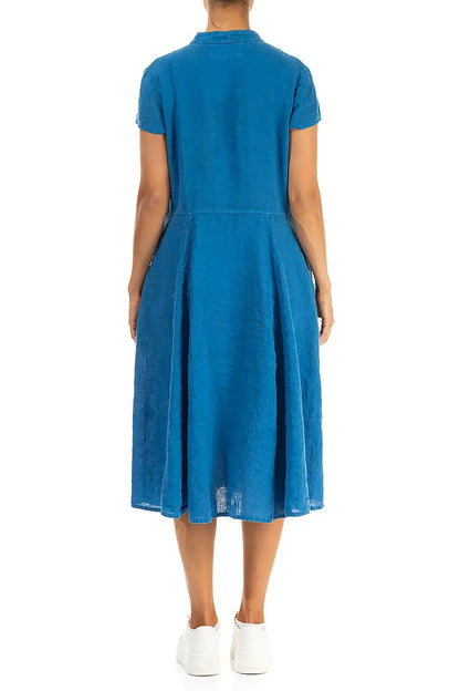 V-Neck Buttoned Cobalt Blue Linen Dress 3
