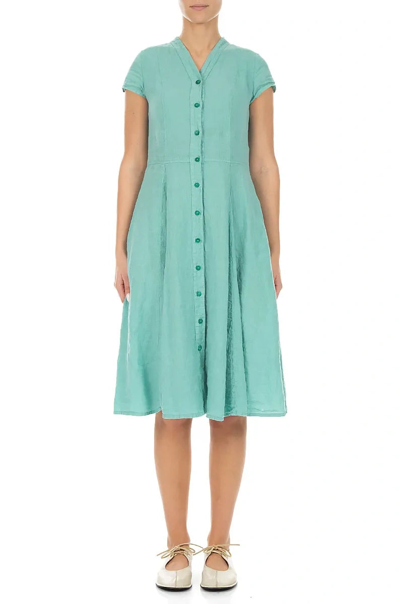 V-Neck Buttoned Mint Linen Dress
