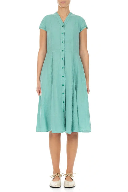 V-Neck Buttoned Mint Linen Dress