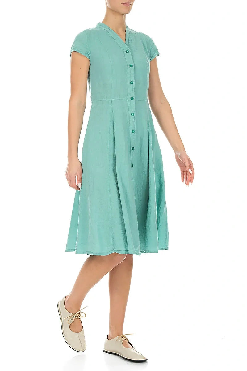 V-Neck Buttoned Mint Linen Dress