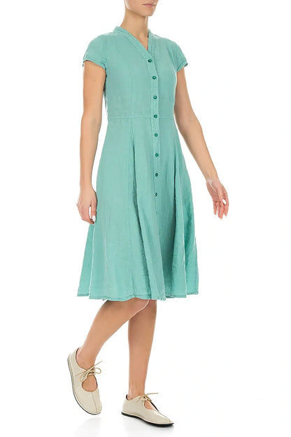 V-Neck Buttoned Mint Linen Dress