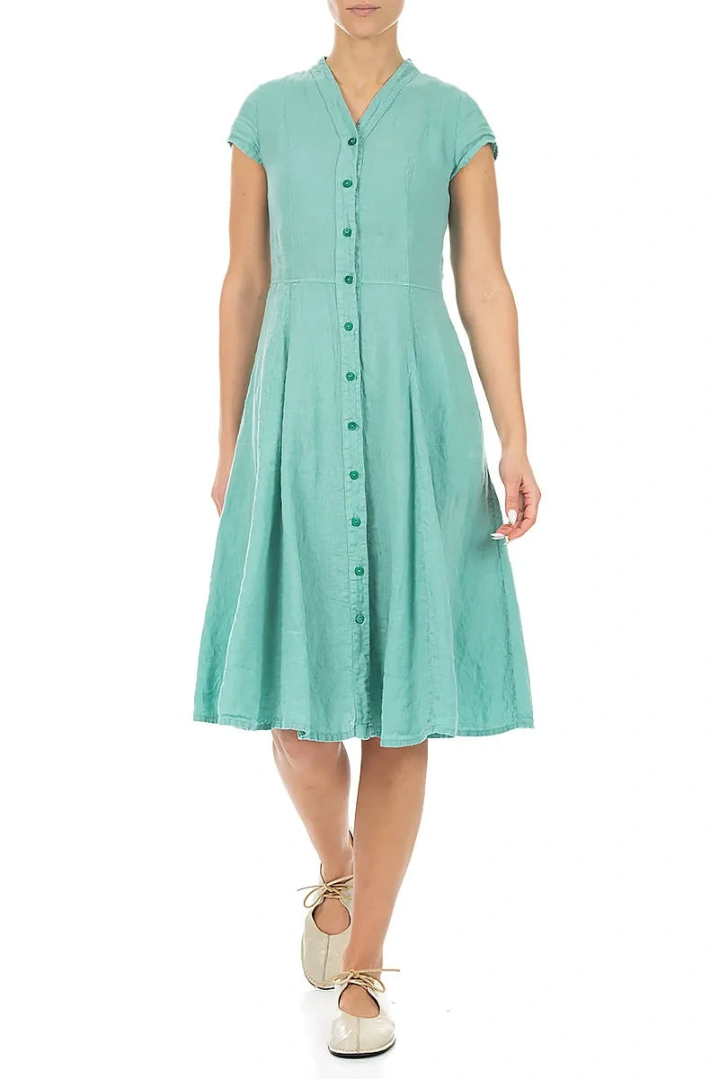 V-Neck Buttoned Mint Linen Dress