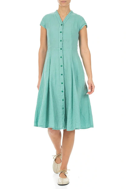 V-Neck Buttoned Mint Linen Dress