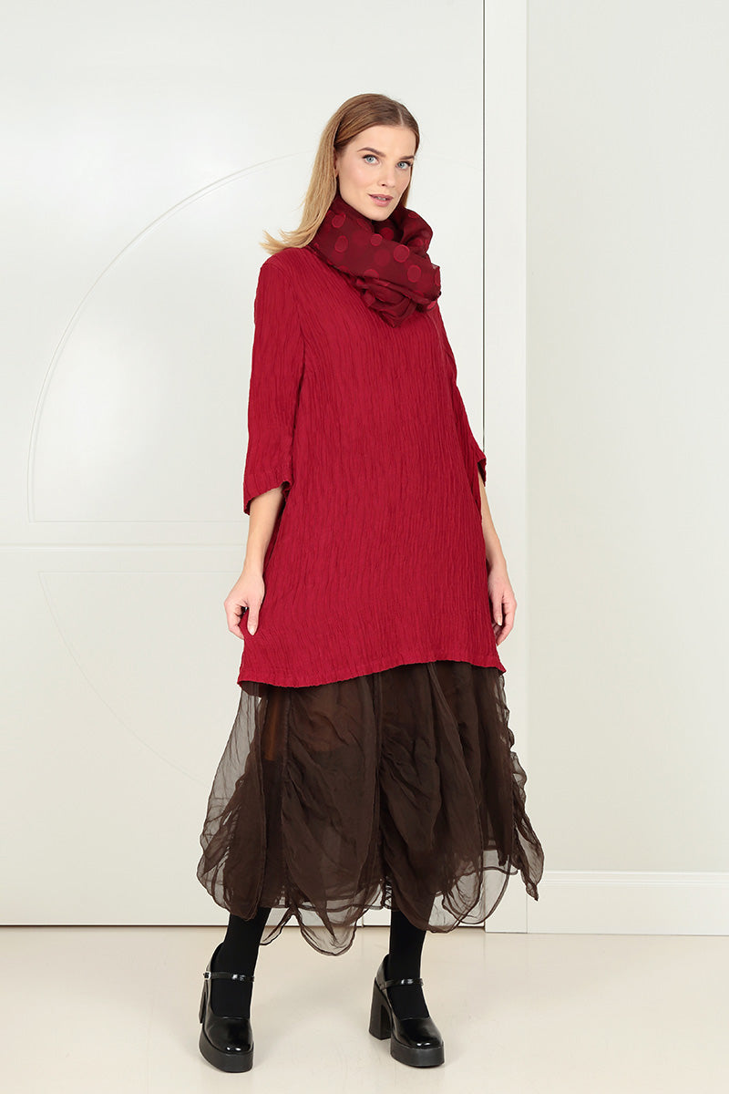 V-Neck Cherry Red Crinkled Silk Tunic 1