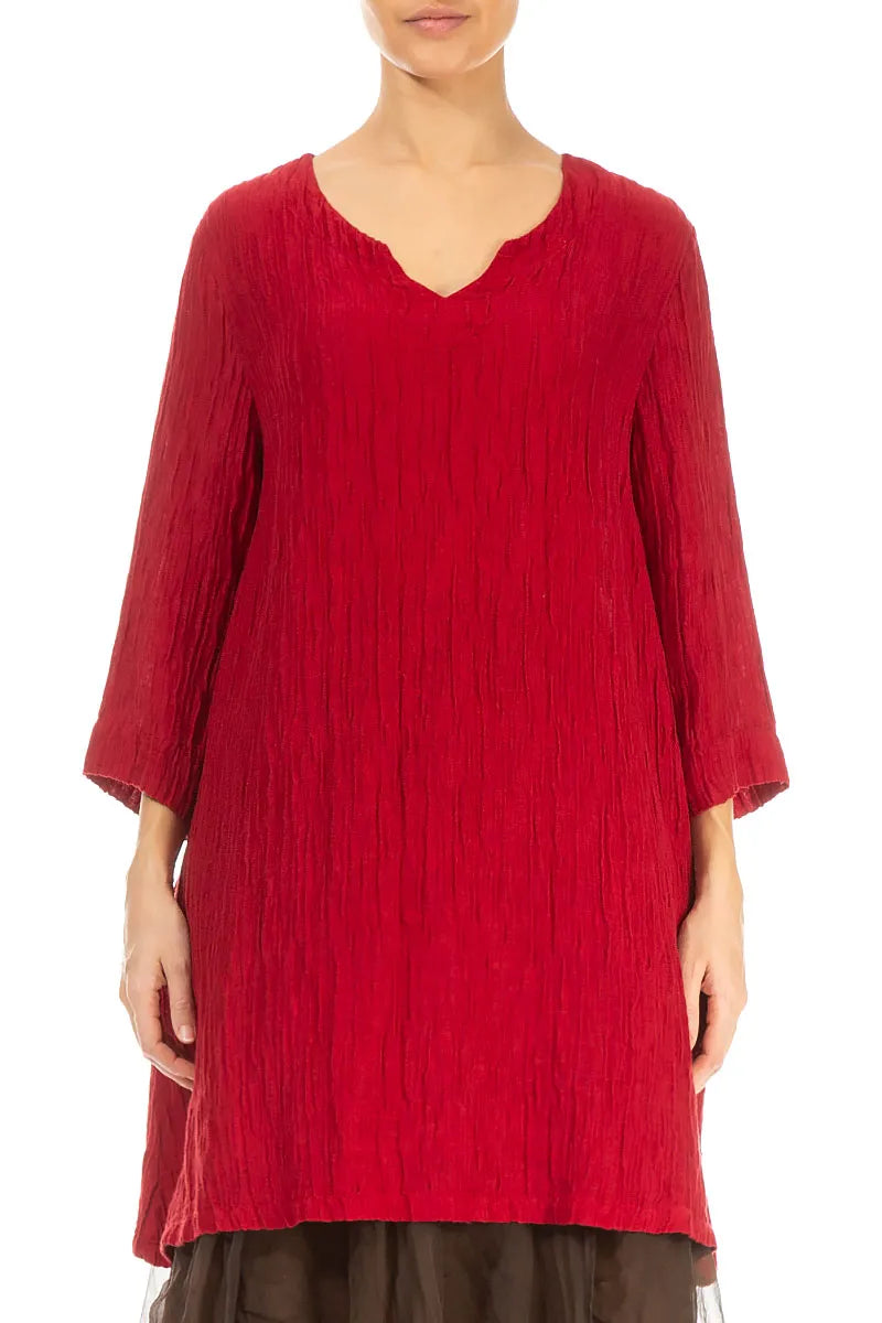 V-Neck Cherry Red Crinkled Silk Tunic 2