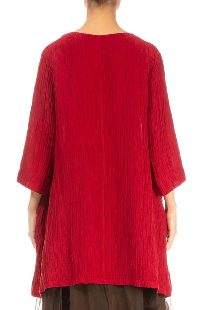V-Neck Cherry Red Crinkled Silk Tunic 3
