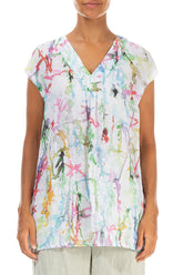V-Neck Colour Splash Gauze Linen Blouse 1