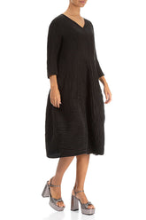 V-Neck Crinkled Black Silk Linen Dress 3
