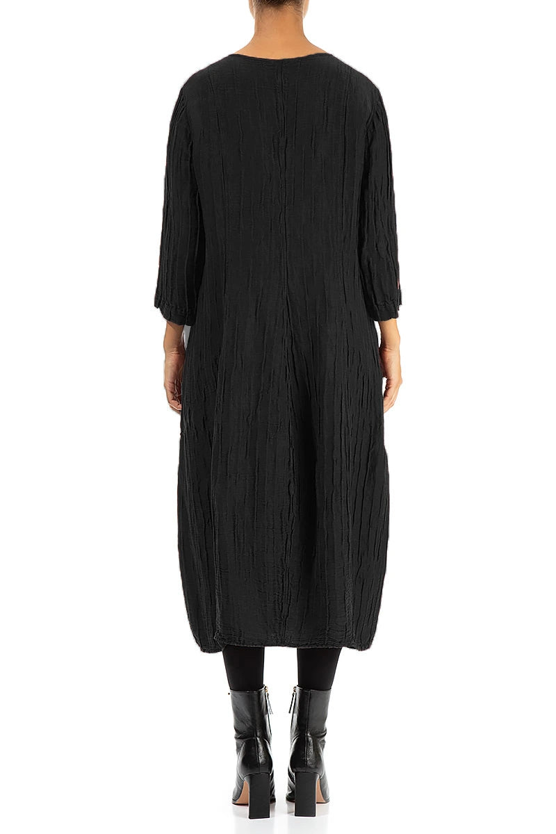 V-Neck Crinkled Black Silk Linen Dress
