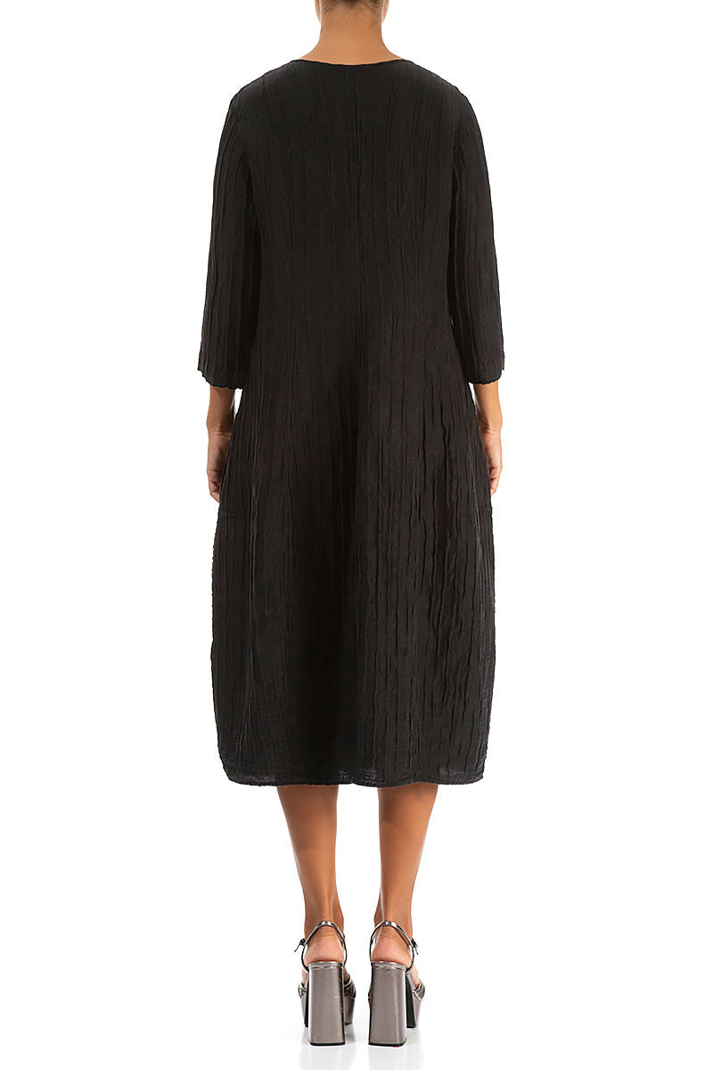 V-Neck Crinkled Black Silk Linen Dress 2