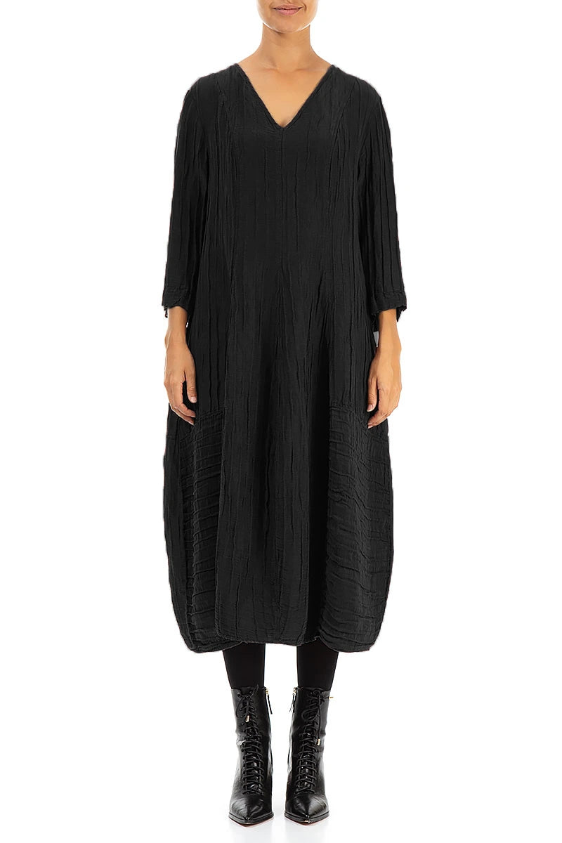V-Neck Crinkled Black Silk Linen Dress