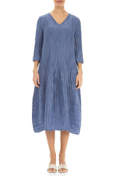 V-Neck Crinkled Blue Nova Silk Linen Dress 1