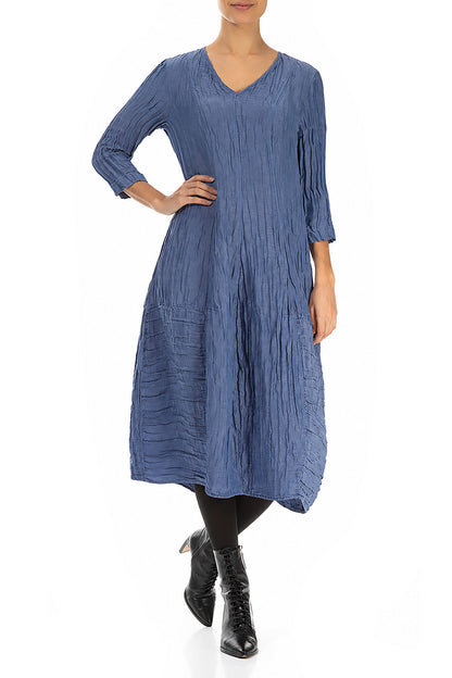 V-Neck Crinkled Blue Nova Silk Linen Dress
