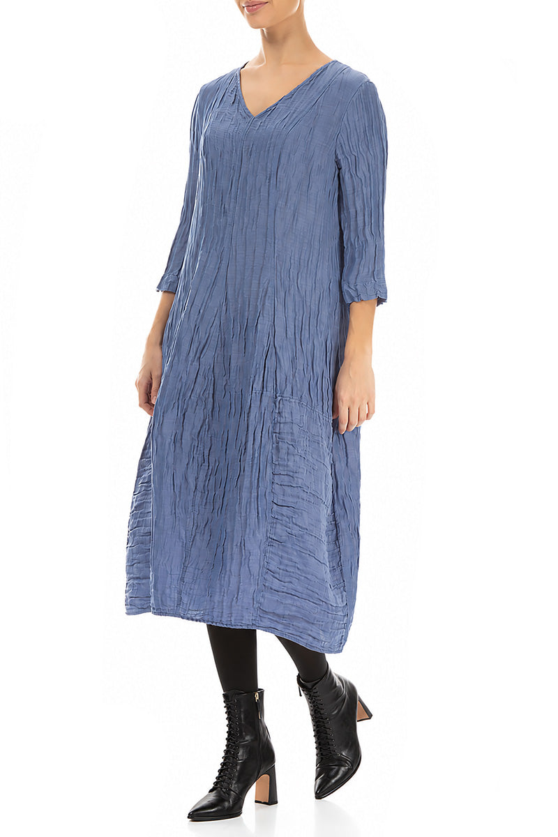 V-Neck Crinkled Blue Nova Silk Linen Dress 3