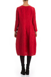 V-Neck Crinkled Cherry Red Silk Linen Dress 2
