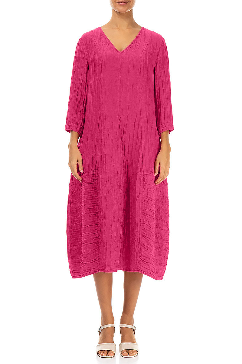 V-Neck Crinkled Fuchsia Silk Linen Dress
