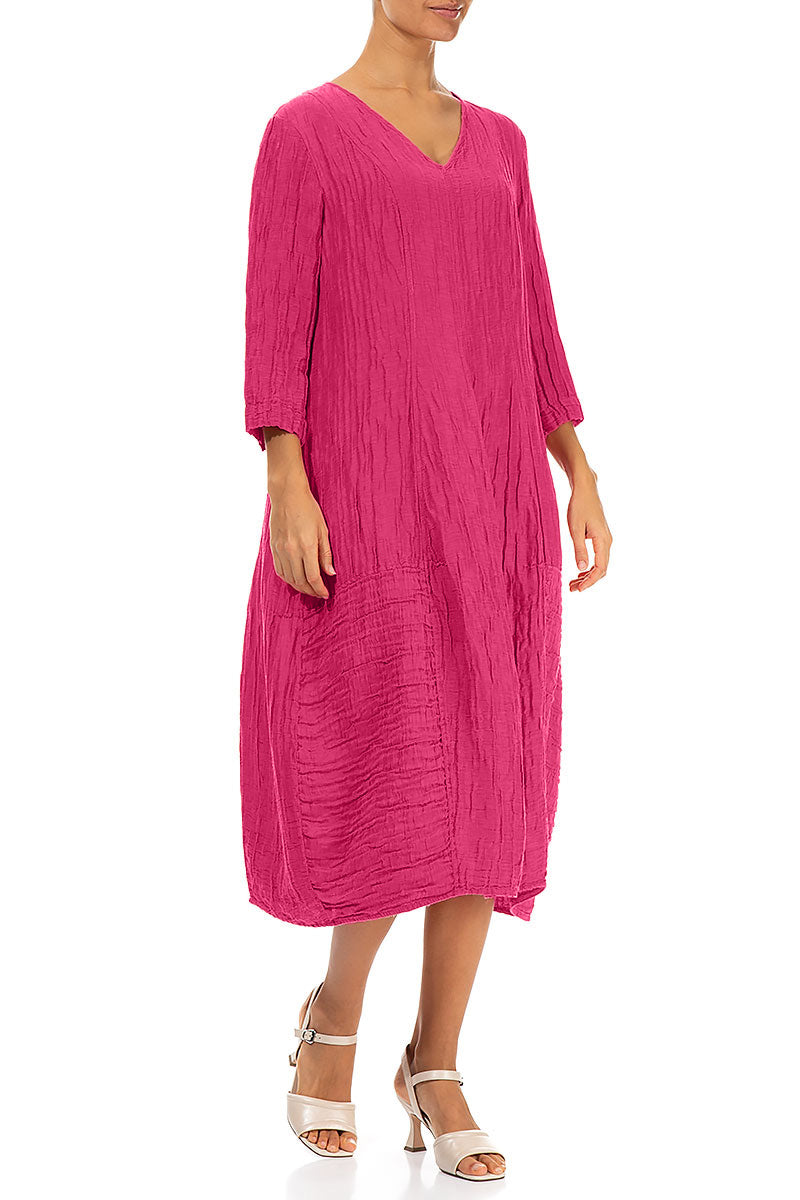 V-Neck Crinkled Fuchsia Silk Linen Dress