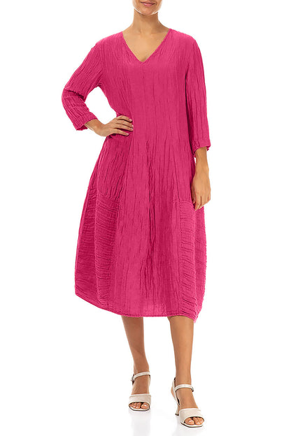 V-Neck Crinkled Fuchsia Silk Linen Dress