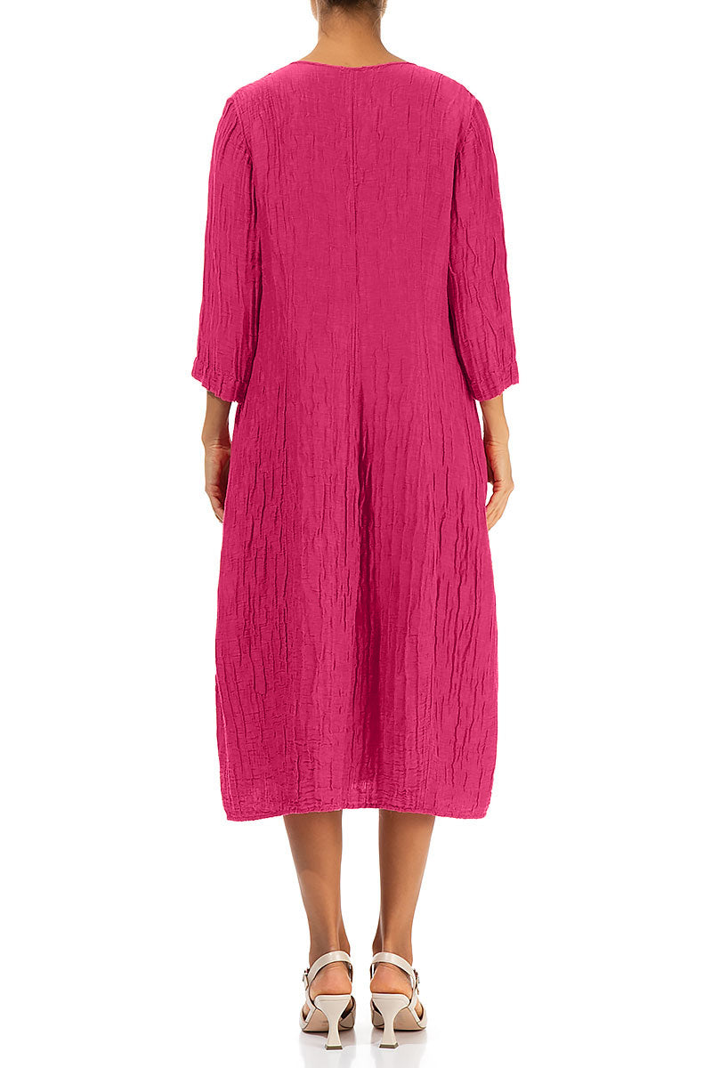 V-Neck Crinkled Fuchsia Silk Linen Dress