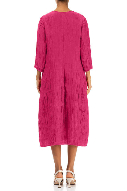 V-Neck Crinkled Fuchsia Silk Linen Dress
