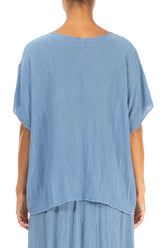 V-Neck Crinkled Light Denim Silk Viscose Blouse 2