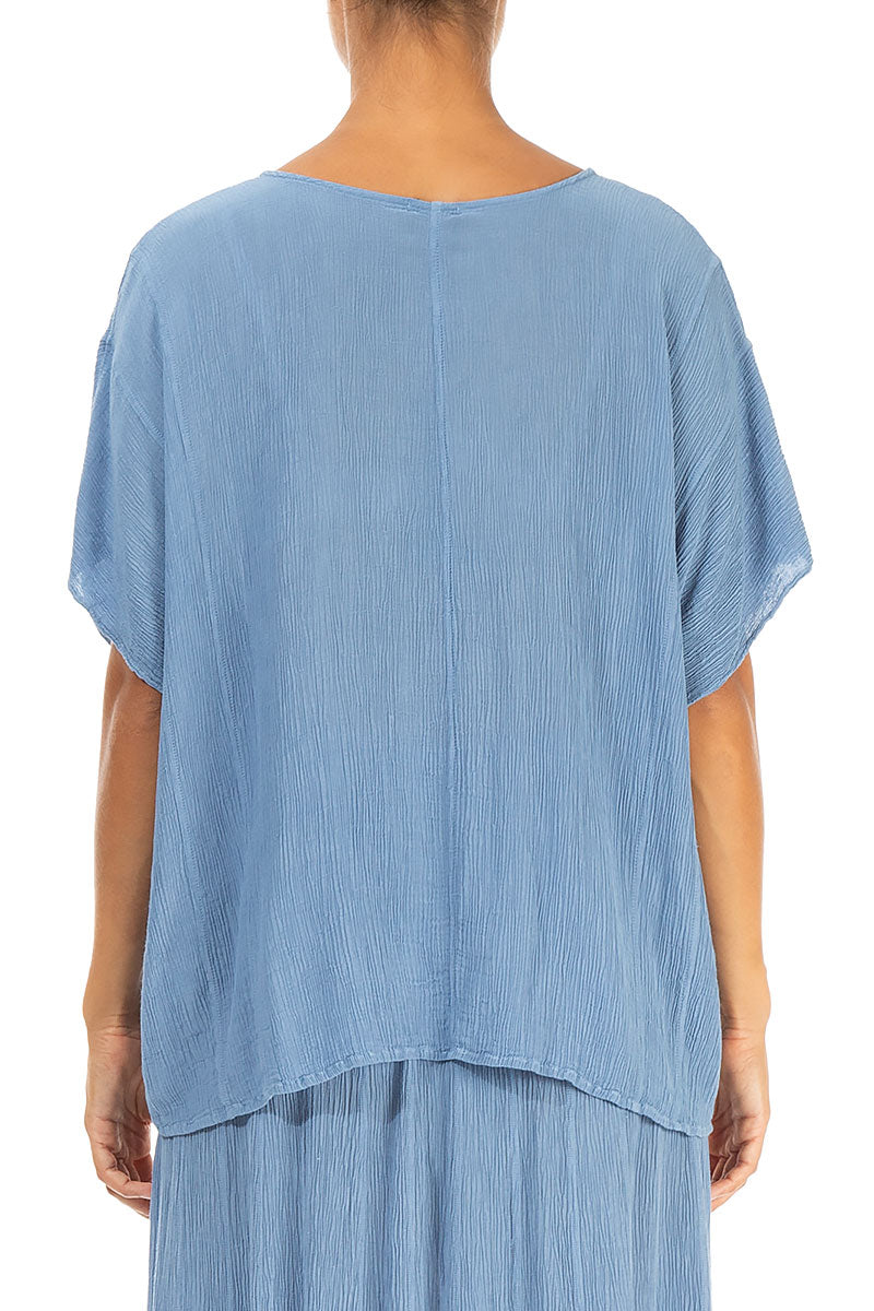 V-Neck Crinkled Light Denim Silk Viscose Blouse 2