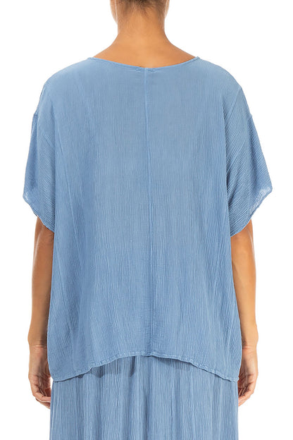 V-Neck Crinkled Light Denim Silk Viscose Blouse 2