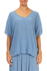 V-Neck Crinkled Light Denim Silk Viscose Blouse 1