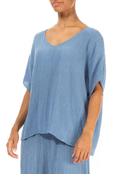 V-Neck Crinkled Light Denim Silk Viscose Blouse 3