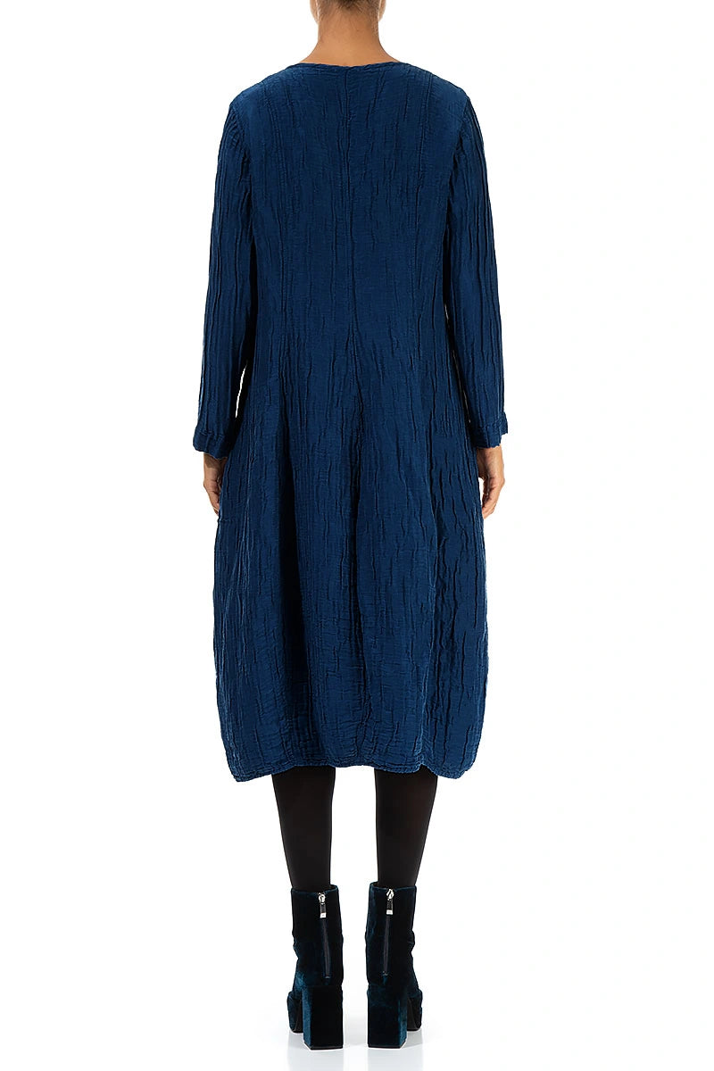 V-Neck Crinkled Royal Blue Silk Linen Dress 2