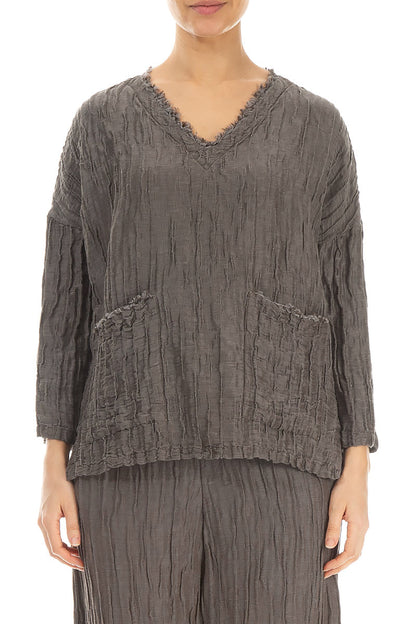 V-Neck Crinkled Truffle Silk Blouse 1