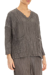 V-Neck Crinkled Truffle Silk Blouse 3