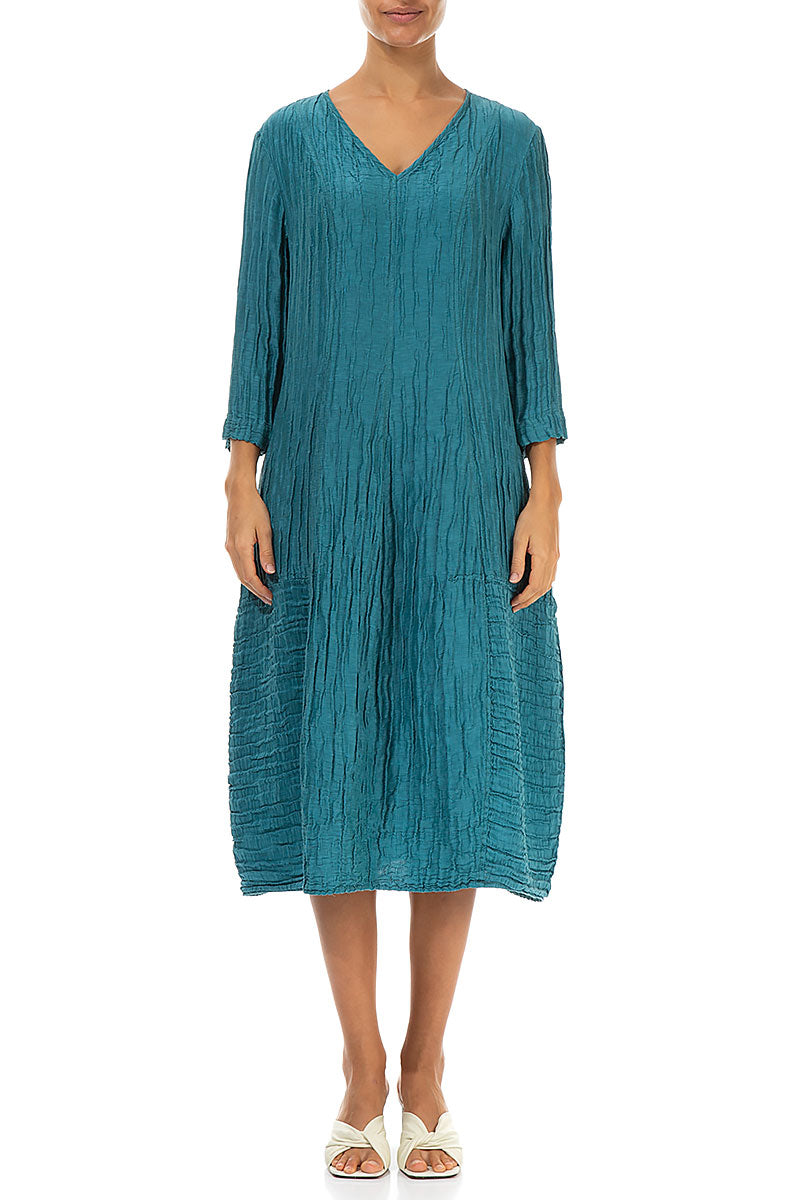 V-Neck Crinkled Turquoise Silk Linen Dress 1