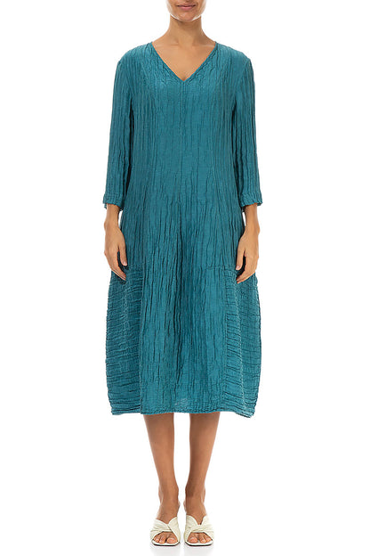 V-Neck Crinkled Turquoise Silk Linen Dress 1