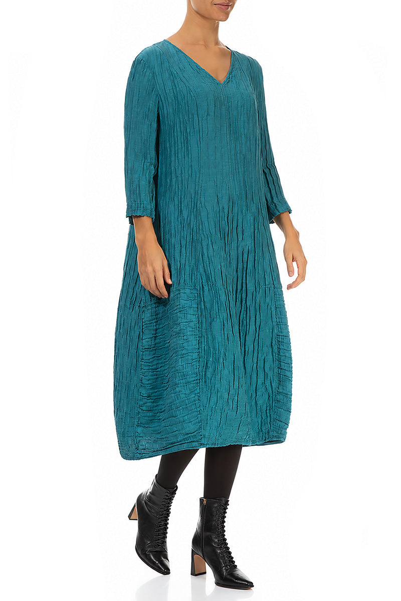 V-Neck Crinkled Turquoise Silk Linen Dress 3