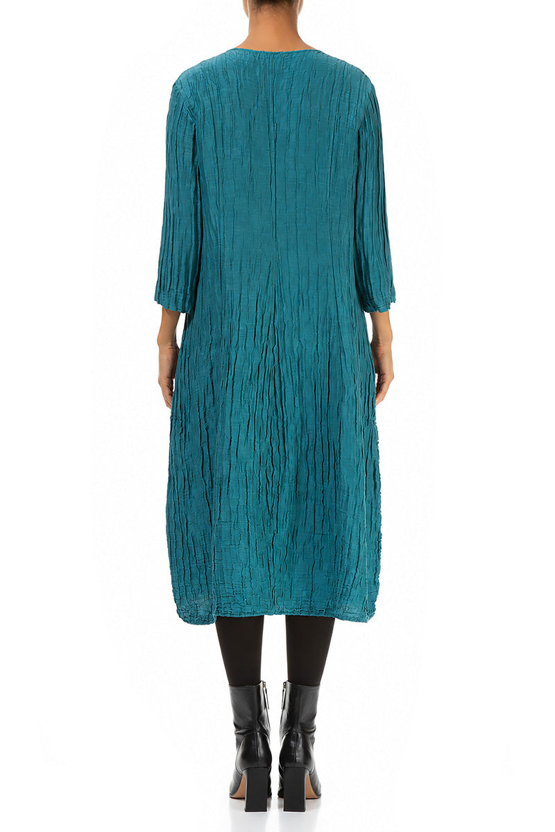 V-Neck Crinkled Turquoise Silk Linen Dress 2