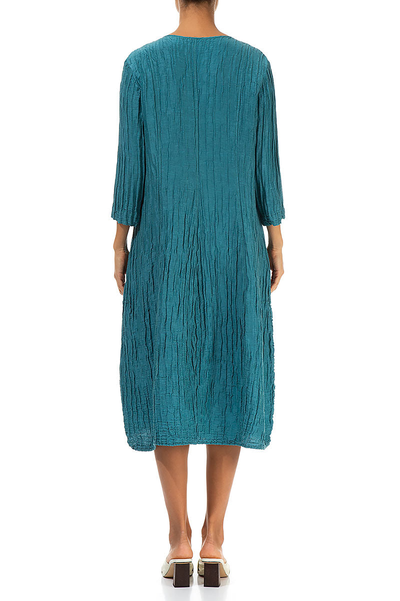 V-Neck Crinkled Turquoise Silk Linen Dress 2