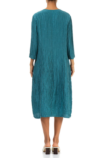 V-Neck Crinkled Turquoise Silk Linen Dress 2