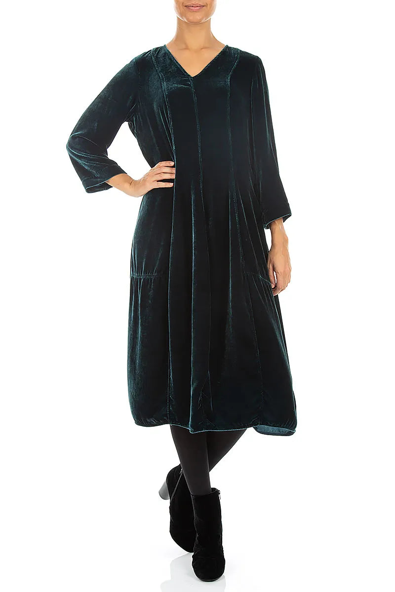 V-Neck Deep Turquoise Silk Velvet Dress 4